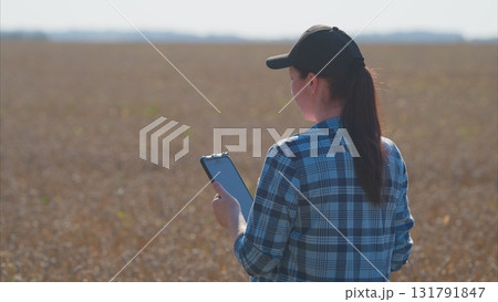 An individual in agriculture using a tablet for tasks and analysis in farming and crop management An individual in agriculture using a tablet for tasks and analysis in farming and crop management 131791847