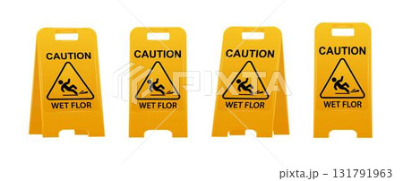 Wet floor caution sign. Public warning yellow symbol clipart. Slippery surface beware plastic board design element. Workplace safety. Vector Wet floor caution sign. Public warning yellow symbol clipart. Slippery surface beware plastic board design element. Workplace safety. Vector 131791963