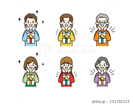 ポイント還元に喜ぶ、様々な年齢の男性と女性の上半身ベクターイラスト素材セット＿カラー 131792125