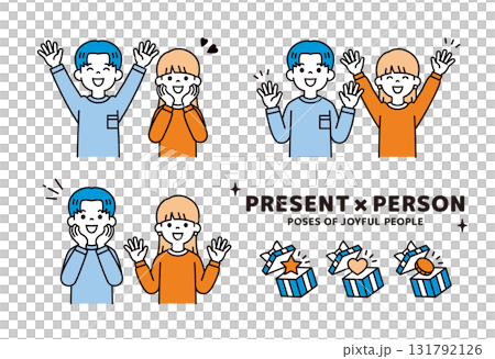 プレゼントと、両手を広げて大喜びする若いカップルの上半身ベクターイラスト素材＿男女セット 131792126