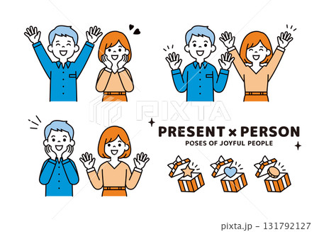 ギフトと、バンザイして喜ぶ若い20代・30代の夫婦の上半身ベクターイラスト素材_男女セット ギフトと、バンザイして喜ぶ若い20代・30代の夫婦の上半身ベクターイラスト素材_男女セット 131792127