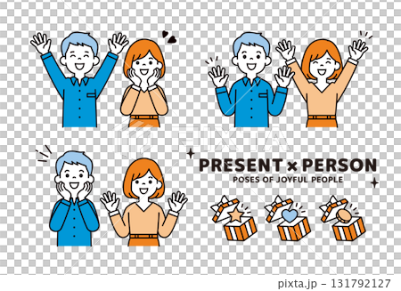 ギフトと、バンザイして喜ぶ若い20代・30代の夫婦の上半身ベクターイラスト素材_男女セット ギフトと、バンザイして喜ぶ若い20代・30代の夫婦の上半身ベクターイラスト素材_男女セット 131792127