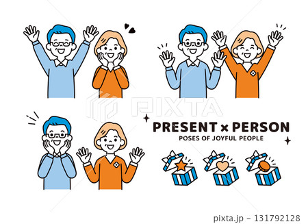 贈り物と、嬉しそうな表情で大喜びする老夫婦の上半身ベクターイラスト素材＿男女セット 131792128