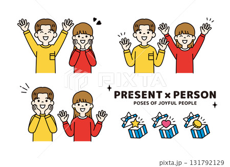 プレゼントと、笑顔で大喜びする若い男性と女性の上半身ベクターイラスト素材セット＿カラー 131792129