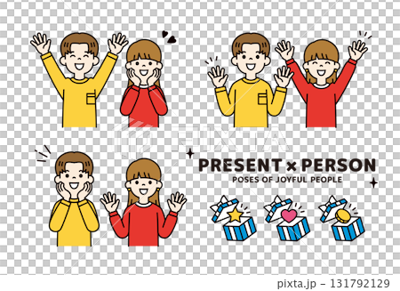 プレゼントと、笑顔で大喜びする若い男性と女性の上半身ベクターイラスト素材セット＿カラー 131792129