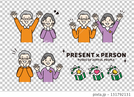 老年男女上身向量插圖的禮物和快樂表情和姿勢 131792131