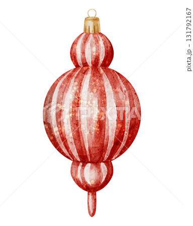 Watercolor illustration of a red and gold Christmas ornament with sparkling highlights. Drawing of Xmas Bauble for party greeting cards or New Year invitations. Holiday art on isolated background. 131792167