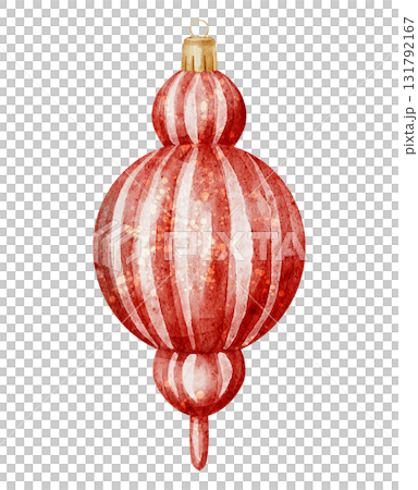 Watercolor illustration of a red and gold Christmas ornament with sparkling highlights. Drawing of Xmas Bauble for party greeting cards or New Year invitations. Holiday art on isolated background. 131792167