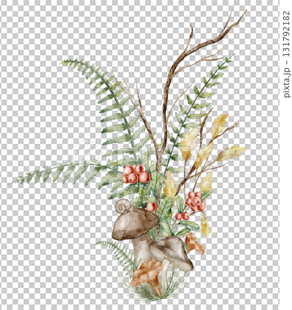 Watercolor bouquet with mushroom, cranberry and fern. Botanical Illustration of forest plants, branches and red fruits of lingonberry for seasonal greeting cards or invitations. Art for fall posters. Watercolor bouquet with mushroom, cranberry and fern. Botanical Illustration of forest plants, branches and red fruits of lingonberry for seasonal greeting cards or invitations. Art for fall posters. 131792182