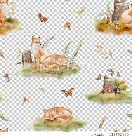 Seamless watercolor Pattern with foxes, mushrooms, leaves, and forest elements. Illustration of background with woodland animals for baby textile design, childish wrapping paper or nursery wallpaper. Seamless watercolor Pattern with foxes, mushrooms, leaves, and forest elements. Illustration of background with woodland animals for baby textile design, childish wrapping paper or nursery wallpaper. 131792190
