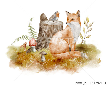 Watercolor Fox sitting by a tree Stump with bird, mushrooms, and autumn plants. Illustration of woodland animals with fall leaves for nursery posters. Drawing of forest scene for baby shower cards. 131792191