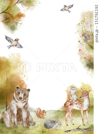 Watercolor card with woodland animals including bear, deer, rabbit, squirrel, hedgehog and birds among autumn trees. Illustration of Forest background template for baby invitations and nursery poster. 131792192