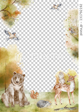 Watercolor card with woodland animals including bear, deer, rabbit, squirrel, hedgehog and birds among autumn trees. Illustration of Forest background template for baby invitations and nursery poster. 131792192