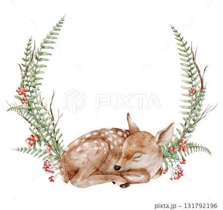 Watercolor Wreath with a sleeping Fawn with ferns and berries. Illustration of round Frame with deer for woodland nursery posters and baby shower greeting cards, Drawing of forest animal for children. 131792196