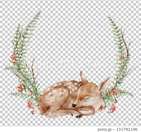 Watercolor Wreath with a sleeping Fawn with ferns and berries. Illustration of round Frame with deer for woodland nursery posters and baby shower greeting cards, Drawing of forest animal for children. Watercolor Wreath with a sleeping Fawn with ferns and berries. Illustration of round Frame with deer for woodland nursery posters and baby shower greeting cards, Drawing of forest animal for children. 131792196