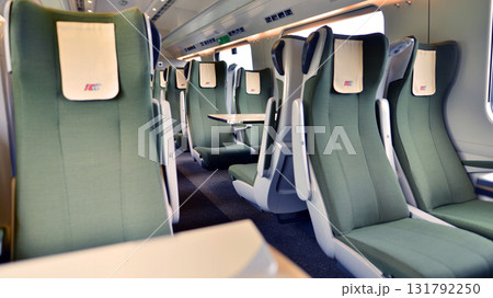 Warsaw, Poland. 15 July 2025. Interior of a passenger train. Empty chairs in the wagon. PKP Intercity. Interior of a Pendolino carriage. Warsaw, Poland. 15 July 2025. Interior of a passenger train. Empty chairs in the wagon. PKP Intercity. Interior of a Pendolino carriage. 131792250