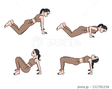 ストレッチをする女性のイラストセット・手書き・エクササイズ 131792256