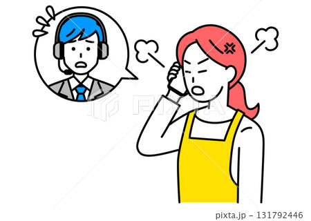 カスタマーサポートに電話で怒るエプロン姿の女性 131792446