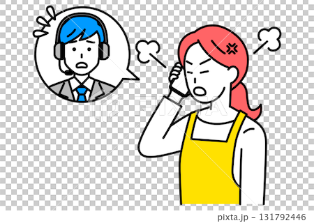 カスタマーサポートに電話で怒るエプロン姿の女性 131792446