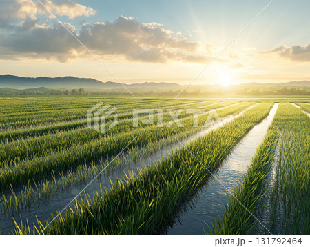 Peaceful rural landscape. Lines in the green rice fields and the sunny sky. AI Generated. Peaceful rural landscape. Lines in the green rice fields and the sunny sky. AI Generated. 131792464