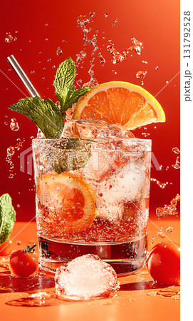 Cold glass of beverage with water splashes in glass. on red background. AI Generated. Cold glass of beverage with water splashes in glass. on red background. AI Generated. 131792528