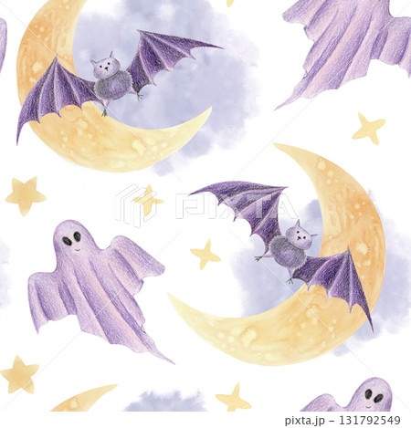 Halloween seamless pattern with bats, ghosts and moons watercolor illustration 131792549