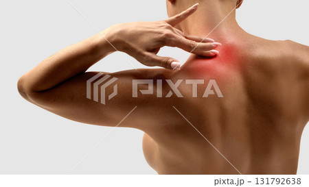 Woman touching shoulder with red inflamed pain area. Collage design Woman touching shoulder with red inflamed pain area. Collage design 131792638