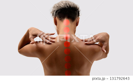 Woman touching neck with highlighted spine pain and tension zones. Medical poster Woman touching neck with highlighted spine pain and tension zones. Medical poster 131792643
