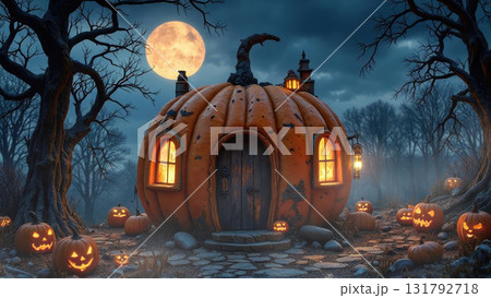 Haunted Pumpkin House With Glowing Windows Under Full Moon For Halloween Scene 131792718