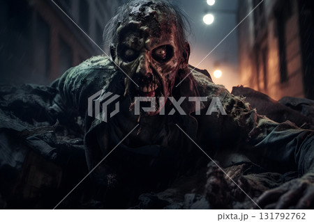 close portrait of zombie on city street ground at night, neural network generated photorealistic image close portrait of zombie on city street ground at night, neural network generated photorealistic image 131792762