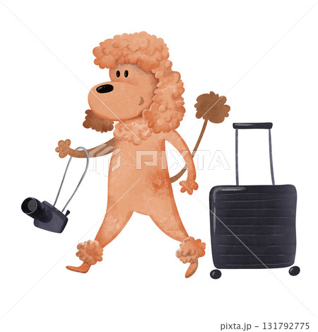 Cute cartoon poodle with suitcase and camera walking, whimsical kids' illustration. Perfect for children's books, travel posters, travel with children, website, tourism, educational prints Cute cartoon poodle with suitcase and camera walking, whimsical kids' illustration. Perfect for children's books, travel posters, travel with children, website, tourism, educational prints 131792775