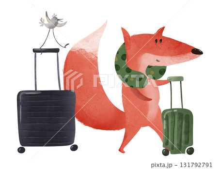 Cheerful cartoon fox struts with suitcases and cozy neck pillow, joined by a playful bird. Perfect for kids books, travel adventures, or vibrant nursery decor. Ideal for fun designs, educational tales Cheerful cartoon fox struts with suitcases and cozy neck pillow, joined by a playful bird. Perfect for kids books, travel adventures, or vibrant nursery decor. Ideal for fun designs, educational tales 131792791