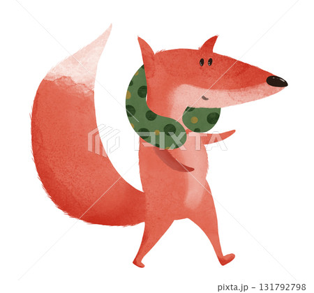 Cute cartoon fox with neck pillow walking, whimsical kids' illustration. Perfect for children's books, travel posters, travel with children, website, tourism, educational prints Cute cartoon fox with neck pillow walking, whimsical kids' illustration. Perfect for children's books, travel posters, travel with children, website, tourism, educational prints 131792798
