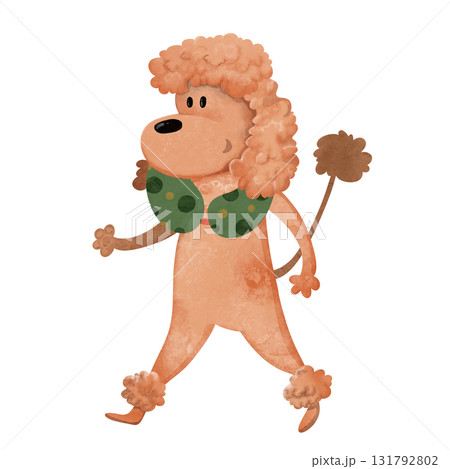 Cute cartoon poodle with neck pillow walking, whimsical kids' illustration. Perfect for children's books, travel posters, travel with children, website, tourism, educational prints 131792802