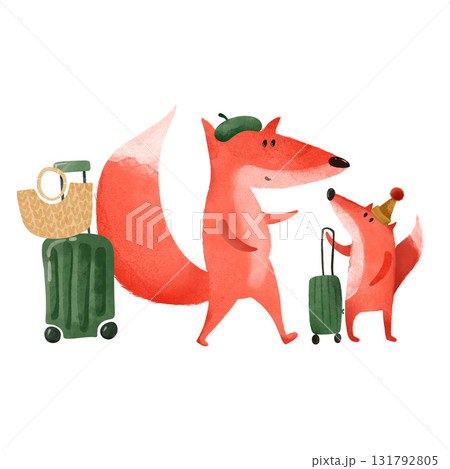 Charming foxes traveling: adult in beret, kit in hat pulling suitcase. Whimsical watercolor kids' illustration. Ideal for children's books, posters, greeting cards, nursery decor Charming foxes traveling: adult in beret, kit in hat pulling suitcase. Whimsical watercolor kids' illustration. Ideal for children's books, posters, greeting cards, nursery decor 131792805