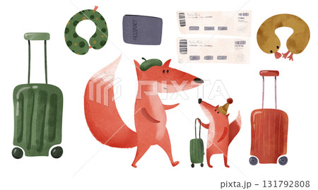 Set of travelers fox family with suitcases, passports, and travel accessories. Perfect for kids' books, travel themes, nursery decor Neck pillow and tickets. Playful designs, educational illustrations 131792808