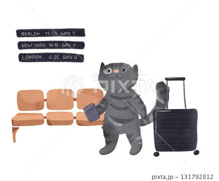 Adorable cartoon cat with a suitcase and passport in an airport waiting area. Perfect for kids' books, travel themes, or playful designs. Features Berlin, New York, and London flight signs Adorable cartoon cat with a suitcase and passport in an airport waiting area. Perfect for kids' books, travel themes, or playful designs. Features Berlin, New York, and London flight signs 131792812