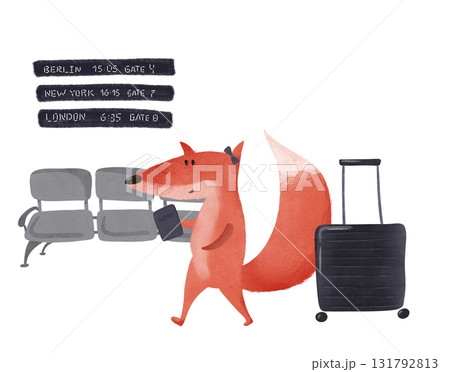 Adorable cartoon fox with a suitcase and passport in an airport waiting area. Perfect for kids' books, travel themes, or playful designs. Features Berlin, New York, and London flight signs 131792813