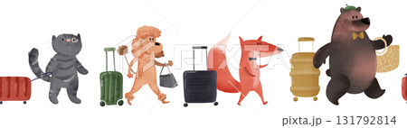 Cute seamless border with cartoon animals (cat, poodle, fox, bear) and suitcases. Perfect for kids' decor, travel themes, or nursery designs. Ideal for scrapbooking, fabric prints, playful backgrounds 131792814