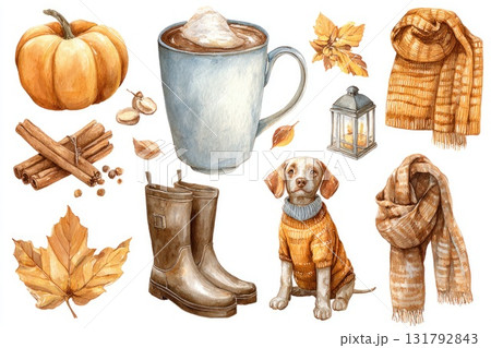 Autumn-themed illustration featuring cozy elements like pumpkin, hot drink, and warm clothing 131792843