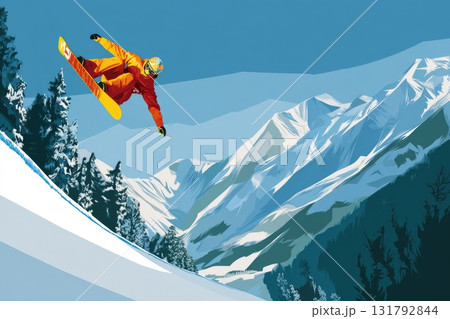 Snowboarder in vibrant orange outfit performing aerial trick against snowy mountain backdrop 131792844