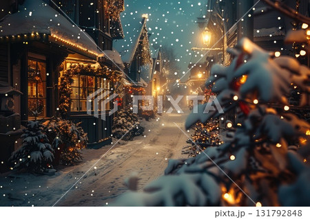 Snowy winter street scene with festive decorations and warm lights creating a cozy atmosphere 131792848