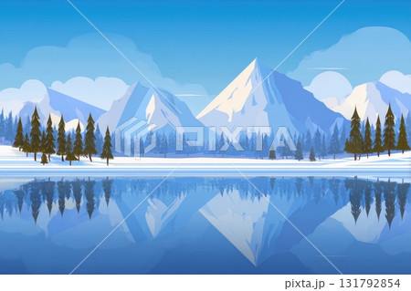 Scenic winter landscape with snow-capped mountains and tranquil lake reflecting blue sky 131792854