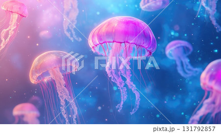 Colorful jellyfish floating gracefully in a vibrant underwater scene with soft glowing lights 131792857
