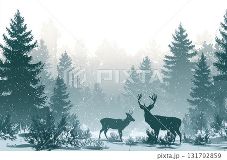 Majestic deer standing in a serene winter forest landscape with snow-covered trees and mist 131792859