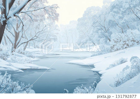 Serene winter landscape with a tranquil river flowing through snow-covered trees and hills Serene winter landscape with a tranquil river flowing through snow-covered trees and hills 131792877