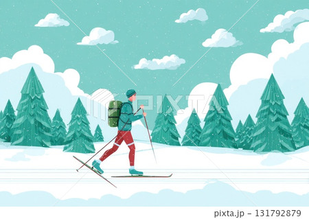 Skier with backpack gliding through snowy landscape surrounded by evergreen trees and clouds 131792879