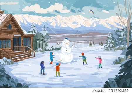 Children building a snowman in a winter landscape with mountains and a cozy cabin nearby 131792885