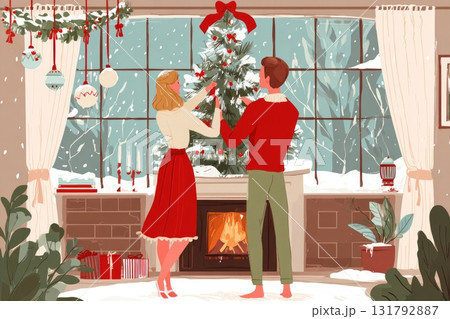 Couple decorating Christmas tree indoors with snow falling outside and cozy fireplace ambiance 131792887