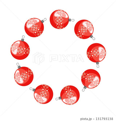 Ornament arranged in a circular wreath with red Christmas tree ball in cartoon style. Ornament arranged in a circular wreath with red Christmas tree ball in cartoon style. 131793138